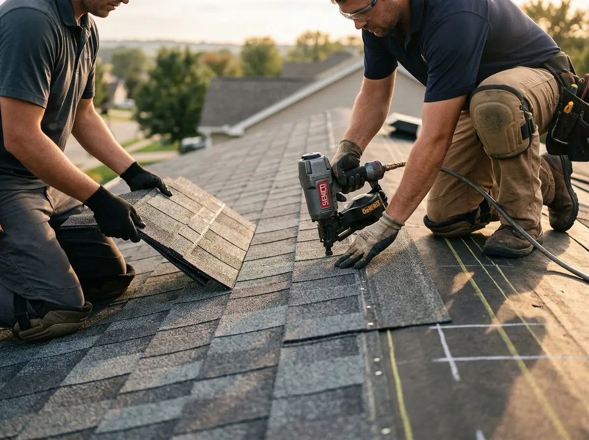 Professional roofer working on a residential roof in Elon